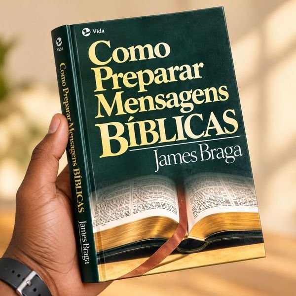 Uma mão segura o livro Como Preparar Mensagens Bíblicas, de James Braga